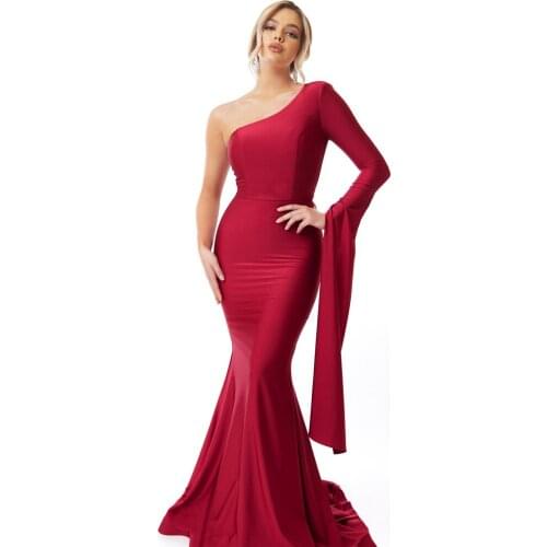 One Shoulder Flare Sleeve Long Prom Maxi Dress Evening Party Dress Stretch Thick Satin Floor Length Gown