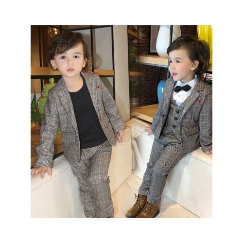 2019 Formal Infant Boys Suits Blazers Suits Clothes Vest Blazers Pants 3pcs Wedding Party Plaid Baby Kids Boy Outerwear