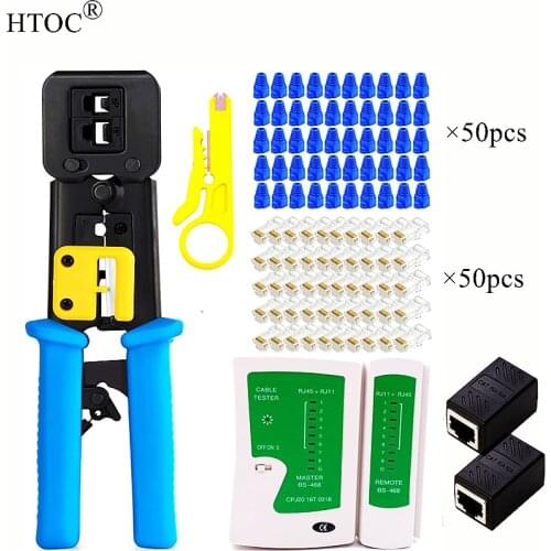 HTOC Network Repair Tool RJ45 Crimp Tool Kit , Portable Cable Tester , RJ45 Coupler,Cat6 Pass Through Connectors50PCS Covers