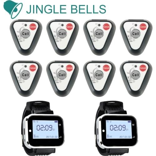 JINGLE BELLS hotel factory wireless calling system 8 calling buttons+ 2 watch pager for restaurant equipment wireless call bell
