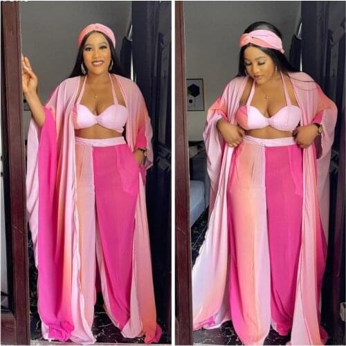 4 Piece Set Women Africa Clothes 2021 African Dashiki New Fashion Suit Long Tops Bra Turbans And Wide Pants Party Plus Size Lady