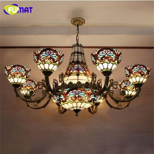 FUMAT Baroque Chandelier European Vintage Art Glass Light Bar Cafe Living Room Stained Glass Lustre Lamp Glass Light Fixtures