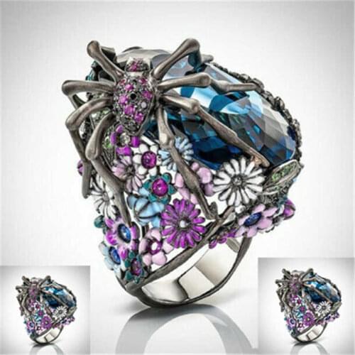 Fashion creative ring exaggerated spider shape oil dripping flower ring size 6-10