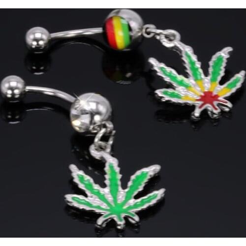 Fashion womens belly button ring cannabina leaf dangle piercing navel stainless steel crystal ombligo nombril body jewelry