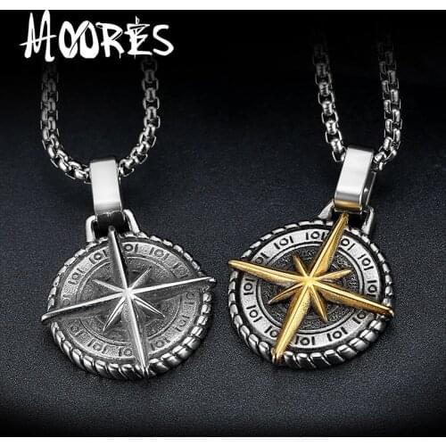 Cool Fashion Hip Hop Golden 316 Stainless Steel North Viking Pendant Mens Punk Compass Necklace