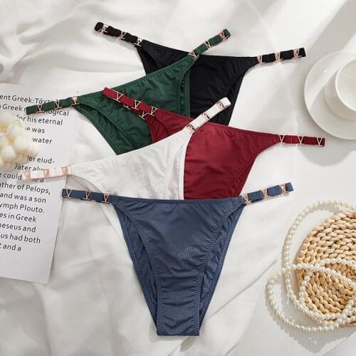 Wriufred Sexy underwear womens cotton crotch briefs thin belt hollow letter buckle low waist half-pack hip thong T pants