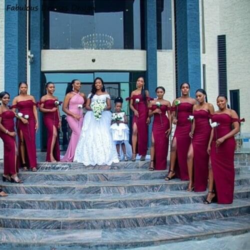 Off Shoulder Side Split Bridesmaid Dresses Burgundy Mermaid Bowknot Backless Long Wedding Party Robe De Soirée De Mariage