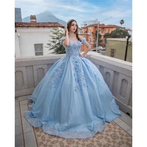 2021 Sky Blue Ball Gown Quinceanera Dresses Beaded Mexican Party Gowns 3D Flowers Princess Sweet 15 16 Dress Party Wear XV Anos