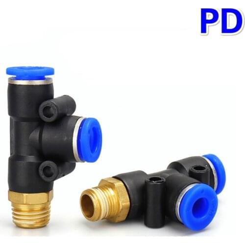 PD Pneumatic Connector 4mm-12mm Hose Tube T Shape Tee Air Fitting 1/4" 1/8" 3/8" 1/2"BSPT Male Thread 3 Way Pipe Coupler