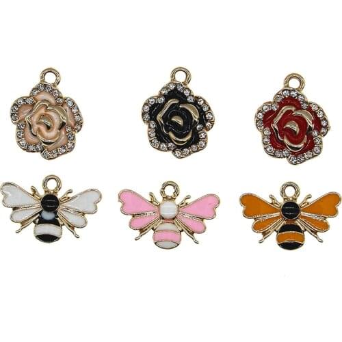 10PCS Colorful Bee Enamel Charms Rhinestone Ornament Flower For Bracelets Pendant Fit DIY Earring Jewelry Accessories Findings