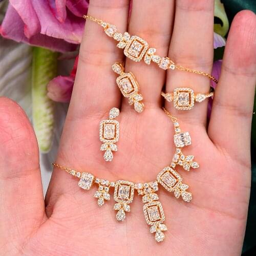 Luxury Gorgeous Shiny Bridal Necklace Bracelet Earrings Ring Jewelry set For Ladies Women Wedding African CZ Dubai Jewelry