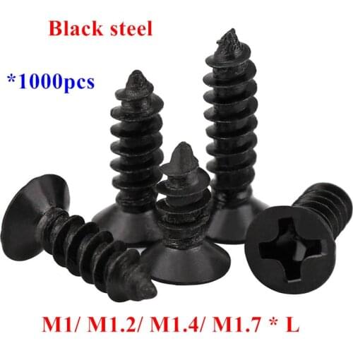 1000pcs KA M1 M1.2 M1.4 M1.7*3/4/5/6/8/10mm Flat Head Self Tapping Screws Black steel Laptop wood tapping screw