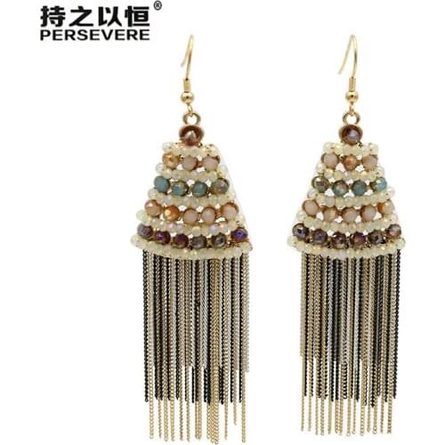 Trendy Crystal Beaded Circle Triangle Water Drop Chain Long Tassel Earrings For Women Bridal Wedding Party Beach Jewelry Gift