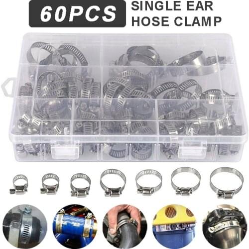 60pcs Stainless Steel Single-Ear Fuel Hose Clamps Set 8-38mm Assortment For Water Fuel Pipe Fastener Hardware Hook