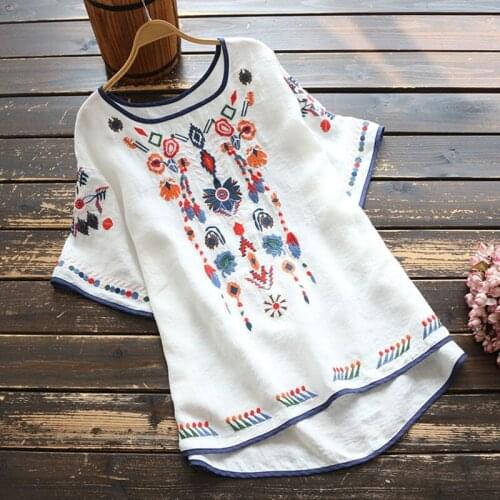 Women Oversize T Shirt O-Neck Short Sleeve Embroidered Plus Size Tops Casual Loose Cotton Linen Irregular Top Summer Clothes
