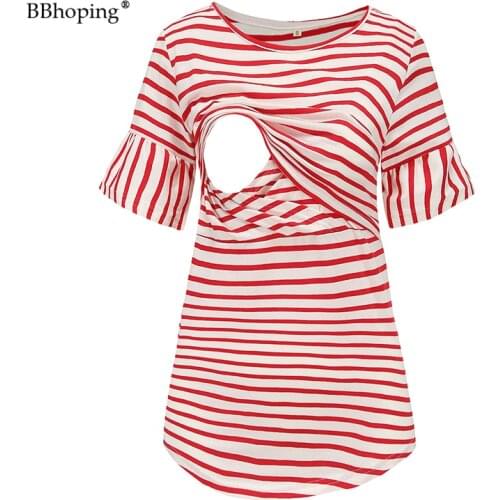 Womens Casual Maternity Blouse Pregnancy flared sleeves Striped Short Tops Round Neck Breastfeeding Mama Clothes Loose Tunic