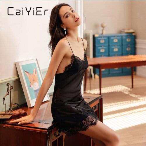 CAIYIER Summer Embroidery Lace Lingerie Nightgowns Sexy Black Luxury Sleepdress V-Neck Silk Ladies Underwear Nightdress M-XL