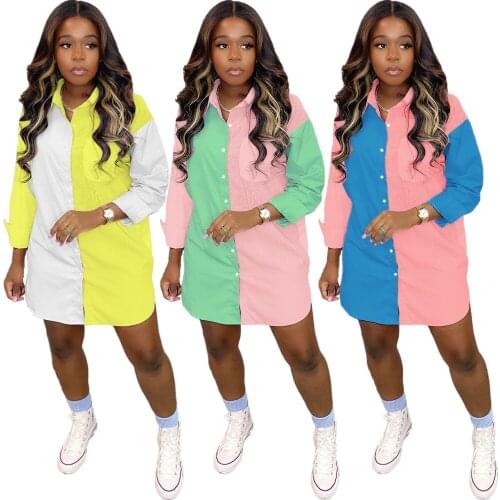 Patchwork Long Sleeve Shirt Dress Autumn Clothes Women Button Up Turn Down Collar Dresses Elegant Streetwear Woman 2021 Clothes