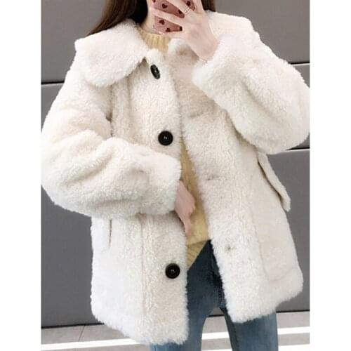 Winter Ladies Fleece Jackets Warm Turn Down Collar Long Sleeves Button Pocket Female Casual Coats Ladies Loose Outerwear