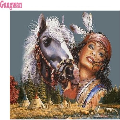 Diamond embroidery sale fantasy indian beauty and horse pattern full square round diamond painting cross stitch mosaic hobby art