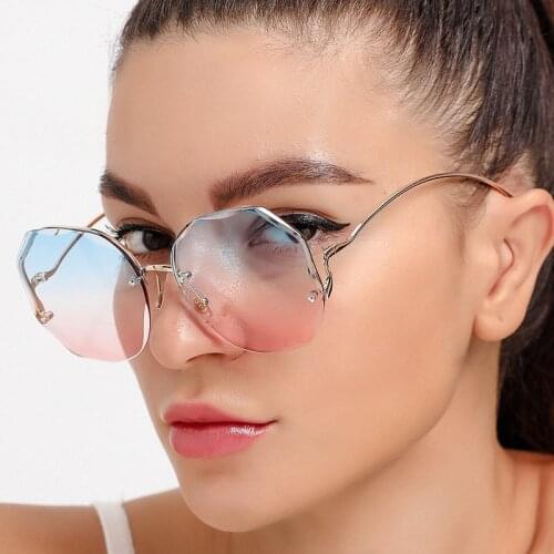 Rimless Gradient Sunglasses Women Ocean Water Cut Trimmed Lens Metal Curved Temples Sun Glasses Female Shades Blue Pink UV400