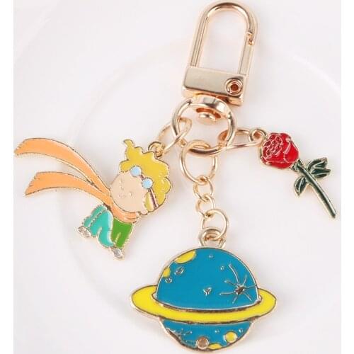 Korean rose Little Prince planet Keychain cute fashion charm trinket for women men girls car key chains ring bag Airpod Pendant