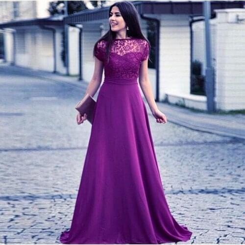 Elegant A-line Robe De Soiree Scoop Neck Short Sleeves Lace Top Prom Gowns For Women Purple Black Long Formal Party Gowns New