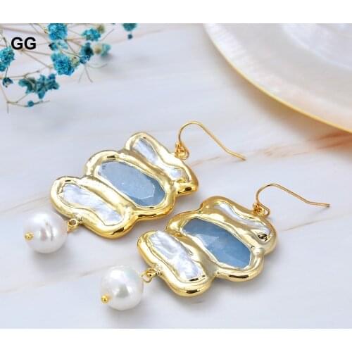 GuaiGuai Jewelry Natural Cultured White Biwa Pearl Blue Jades White Keshi Pearl Dangle Hook Earrings For Women
