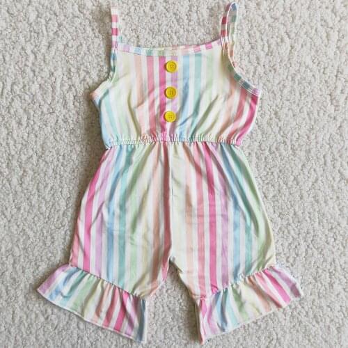Baby Girl Sling Jumpsuit Color Stripe Pattern Yellow Button Ruffle Pants Girl Boutique Clothing RTS