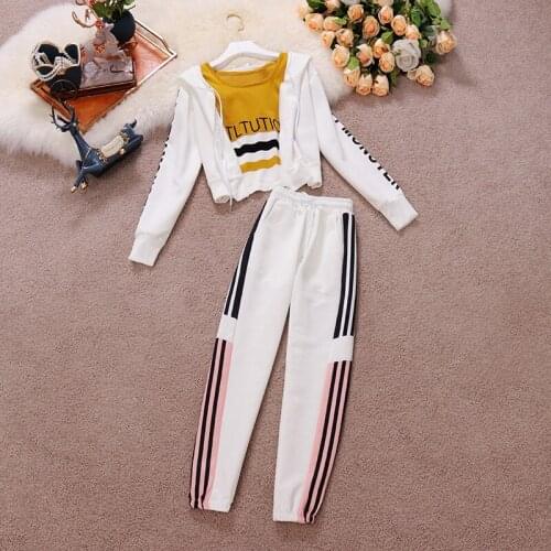 Casual Sporty Women Sets Spring Knitted Top + Hooded Jacket + Striped Harem Pants 3 Peices One Set TN136