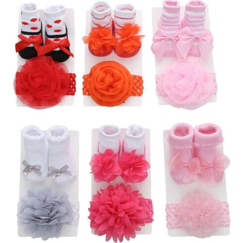 Newborn Solid Color Lace Baby Socks+Headband 2pcs Bow Princess Cute Baby Socks+ Hair Band set