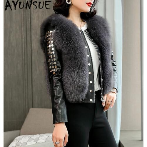AYUNSUE Genuine Leather Jacket Real Fox Fur Coat 2020 Winter Jacket Women 100% Real Sheepskin Coat Female Bomber Jackets MY3751