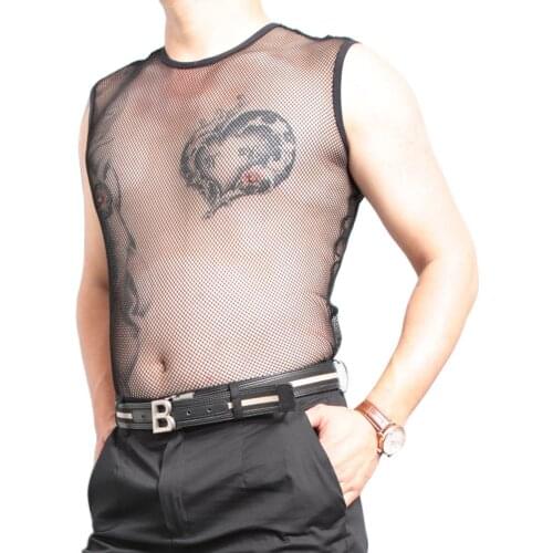 Summer Sexy Transparent T-Shirt Round Collar Sleeveless Nylon Coarse Mesh Mens Tight Vest Fully See-Through Garment Tank Top