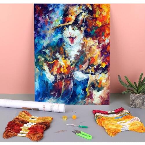 Cat Guitarist Printed Canvas 11CT Cross-Stitch DIY Embroidery Complete Kit DMC Threads Craft Painting Handiwork Jewelry