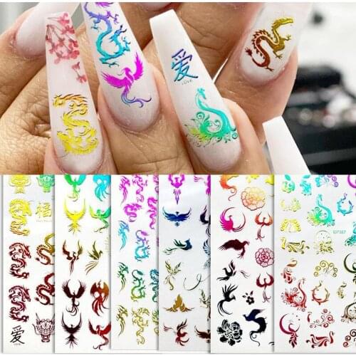 6pcs/lot Chinese Dragon Phoenix Adhesive Red Gold Colorful Nail Sticker Decals Nail Art Decorations Stickers