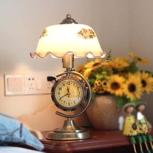 Antique Bronze Table Lamp Glass Flower Table Lights with Clock Living Room Bedroom Bedside Light metal Alloy Desk Lamp D98