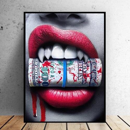 Posters and Prints Sexy Red Lips Bite Bullet and Money Canvas Painting Wall Art Picture for Living Room Bar Modern Home Decor