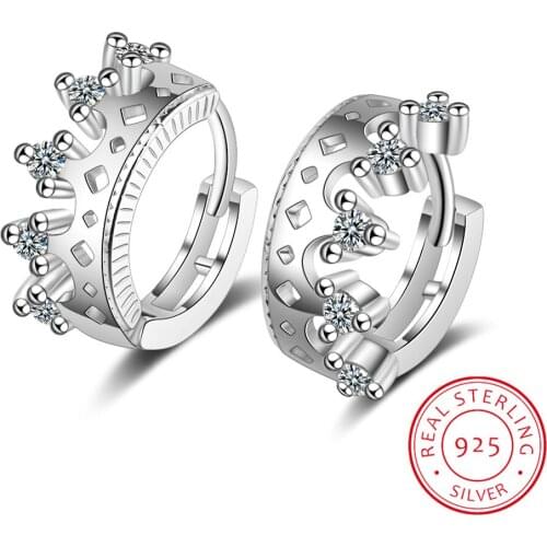 Genuine 925 Sterling Silver Earrings Crown Hoop Earrings for Women Zirconia Spinel Silver 925 Jewelry I030