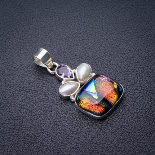StarGems Natural Rainbow Dichroic Glass,River Pearl And Amethyst Handmade 925 Sterling Silver Pendant 1.75" E0366