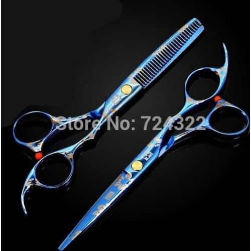 Professional 6.0 & 5.5 inch 440c blue hairdressing scissors shears Cutting & thinning barber hair scissors set Free Shipping
