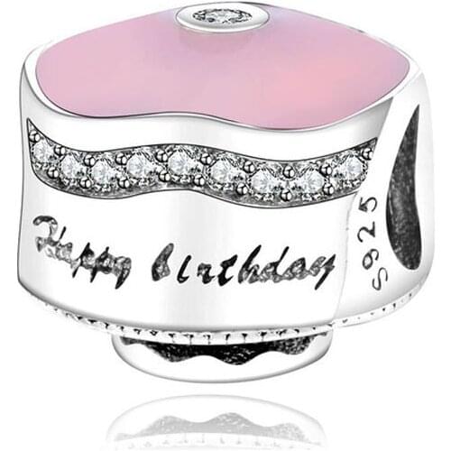 Real 925 Sterling Slver Color Beads Charms Fit Bracelet Original Happy Birthday Cake Crystal Charms Jewelry 2020