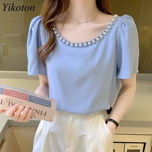 Casual Womans Shirt Summer Ladies Blouse And Tops Beading Sexy O-Neck Fashion Butterfly Sleeve White Shirts Camisa mujer Top