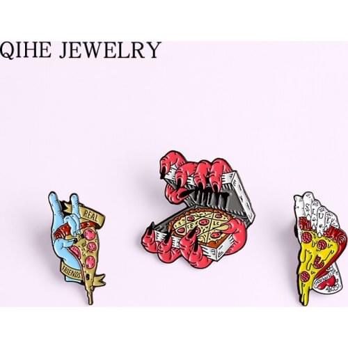 Horror Pizza Party Pins Zombie Hand Pizza Real Friends Brooches Halloween Custom Badges Lapel Backpack Enamel Pin For Women Men