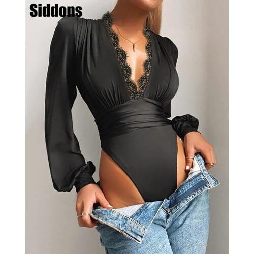 Spring Winter Women Lace Puff Sleeve Skinny Bodysuit Solid V-Neck Black Casual Body Top Patchwork Jumpsuit Femme