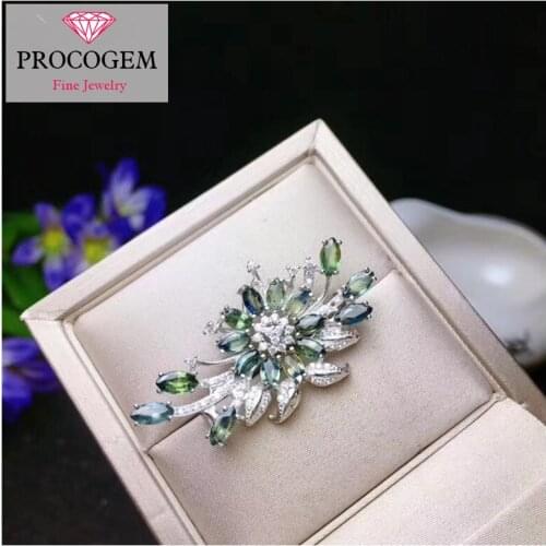 Natural Elegant Flower Sapphire Brooches for female Engagement gifts 5A Genuine gemstones fine Jewelry 925 Sterling Silver #336
