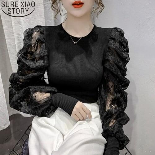Autumn Korean Style 2021 New Women Lace Knitted Shirt Women Spliced Blouse Cool Round Neck Puff Sleeve Lace Women Tops 11263