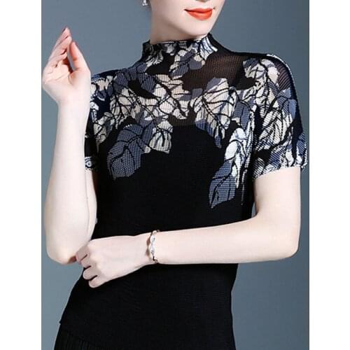 Miyake pleated skinny tops 2021 summer new elastic slim half-high collar printed womens T-shirt thin short-sleeved basic tees