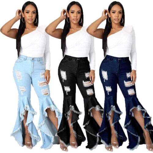 Ladies Jeans Fashion Slim Long Street Ripped Stitching Flared Jeans Casual Stretch Wide Leg Pants Womens Outfits Wholesale