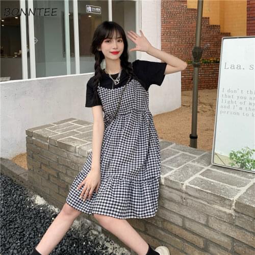 Sets Women Plaid Ruffles Retro A-line Loose Saias Harajuku Preppy Style Short Sleeve Kawaii Simple Fashion Summer Student Chic