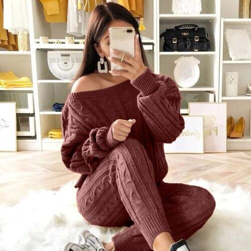 Knitted suit Womans Solid Color Slash Neck Sweater + long Knitted pants Sets new Winter Warm Suits 2 piece outfits for women